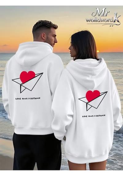 Nevermind Love From A Distance Sevgili Kombini Hoodie Unisex Oversize Kapüşonlu Sweatshirt 2 Li Set Beyaz
