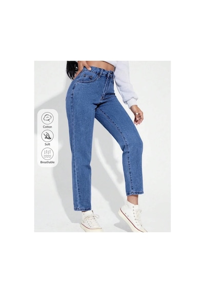 Kene Jeans Yüksek Bel Tam Kalıp Mom Jeans Mavi