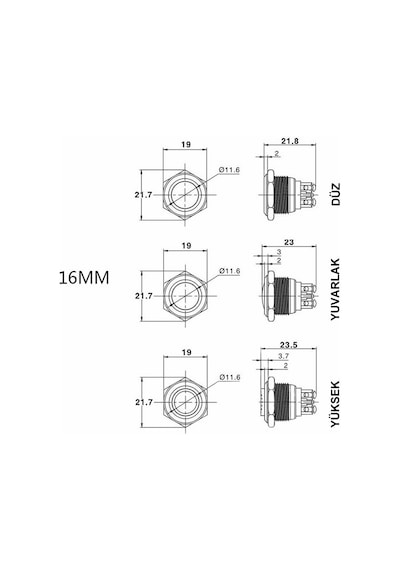 16mm Metal Panel Montaj Yuvarlak Kafa Push Buton NO DC 6A 12V AC 3A 250V IP67 Su Geçirmez Düğme