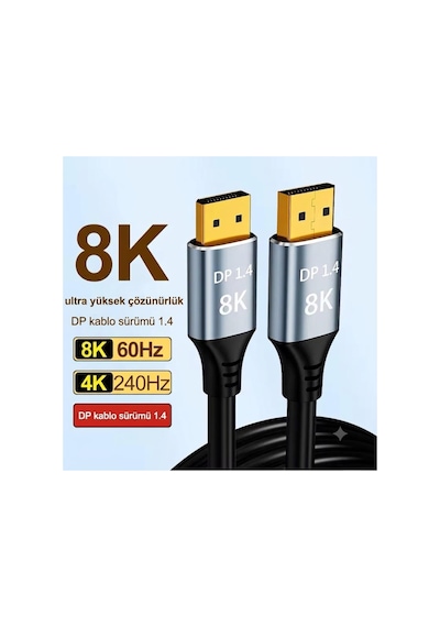 Displayport To Displayport Görüntü Kablosu 2metre 8k 60hz - 4k 240hz Gaming Monitör Uyumlu Altın Uçlu 14.1 Hdr Kablo-jl-8kdc020