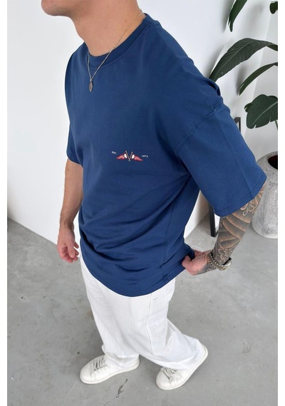 Lacivert Coastal Baskılı Oversize Tişört