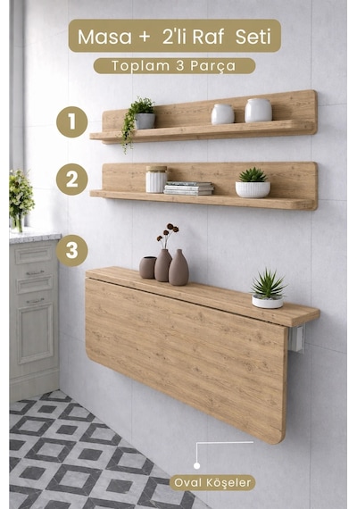 Duvara Monte Katlanır Masa & 2 Li Raf Seti Atlantik Çam 60x90 Cm