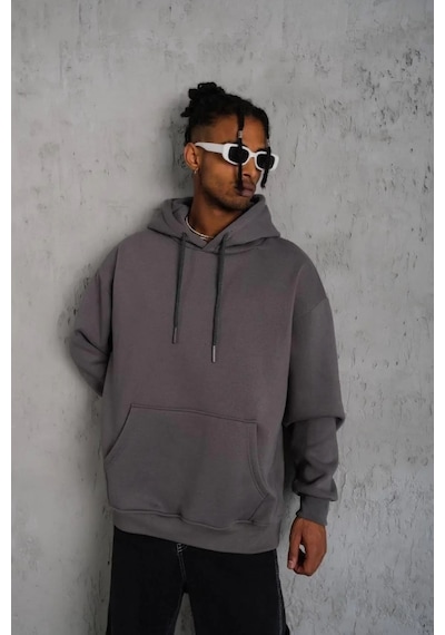 Erkek 3 İplik Pamuklu Kapüşonlu Kanguru Cepli Sweatshirt Hoodie - Gri Gri