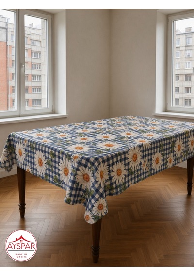 Masa Örtüsü 150x170 Cm Lacivert Kareli Papatya Beyaz