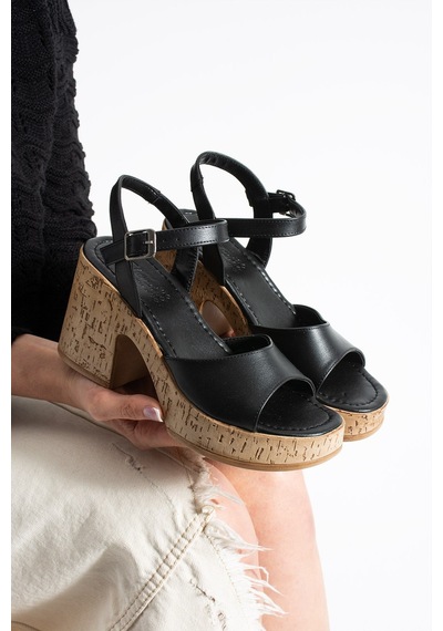 Dabab Shoes Loreva Kadın Siyah Platform Taban 9 Cm Kalın Topuklu Bilekten Bantlı Sandalet