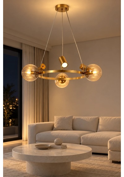 Modern Premium Gold 3xe14 + 3xgu10 Modern Cam Küreli Dekoratif Sarkıt Salon Oturma Odası Avizesi