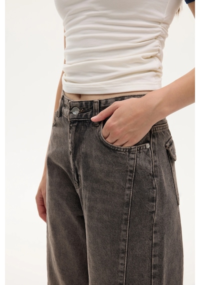 Vintage Yıkamalı Bol Paça Kot Pantolon Kahverengi Kahverengi