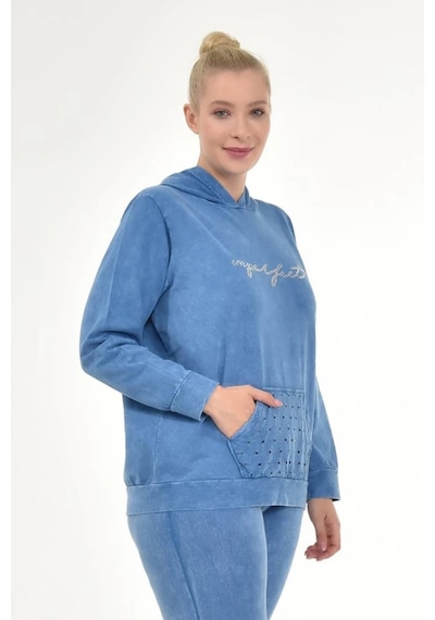 Mia Butik Kadın Büyük Beden İtalyan Yıkama Mavi Kapşonlu Sweatshirt Mavi