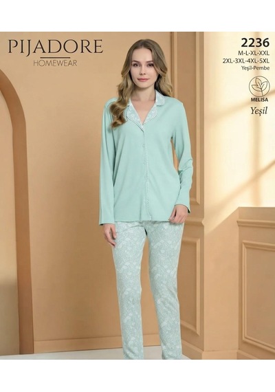 Pijadore Kadın Önü Düğmeli Uzun Kollu Mevsimlik Pijama Takımı 2236 Yeşil