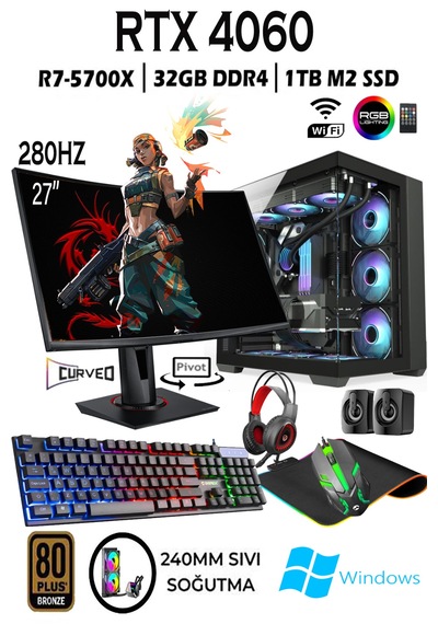 Apphirex TCX2 R7-5700X 32 GB 1 TB M.2 RTX4060 8 GB 27'' W10P Masaüstü Oyuncu Bilgisayarı