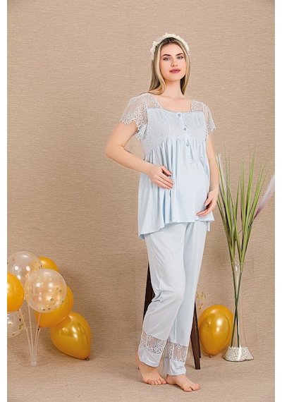 Quilling Lady Mavi Renkli, Derin Patlı, Dantel Detaylı 33002 Sabahlıklı 3lü Lohusa Hamile Pijama Takımı Açık Mavi M - L