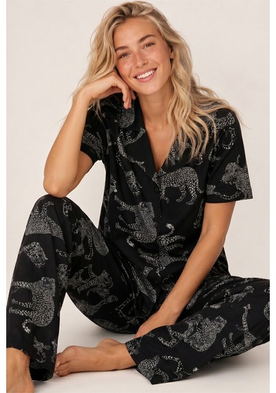 Siyah İnci Gömlek Yaka Düğmeli Örme Pijama Takım Siyah Kaplan