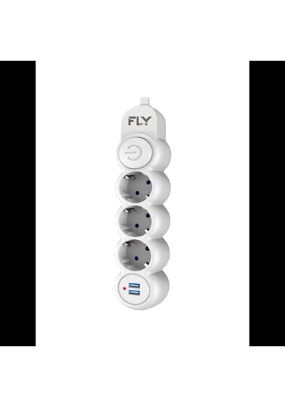 Fly 3393-01, 3 Soket, 2 Usb, Akım Korumalı Priz, 2.1a, Anahtarlı, 2mt Kablo, Beyaz