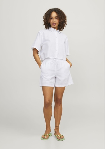 Jack & Jones Kadın Crop Keten Gömlek - Lulu 12231335 White Bej