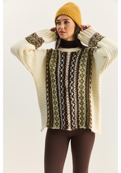 Shade Kadın Etnik Desenli Oversize Bisiklet Yaka Kalın Triko Kazak 2529 60283875 - Krem