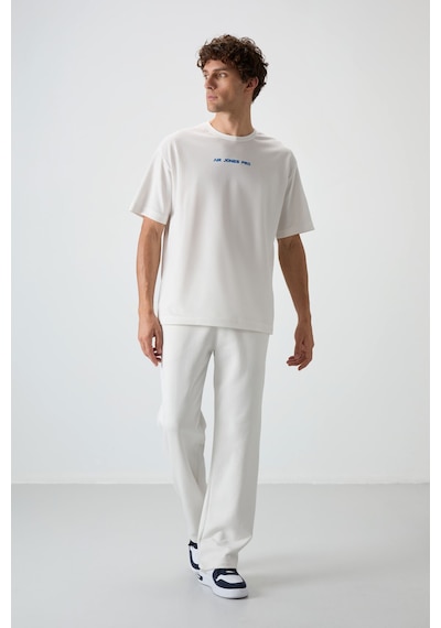 Air Jones Tommy Life Ekru Pamuklu Kalın Yüzeyi Dokulu Oversize Fit Baskılı Erkek T-shirt - 88364 Ekru