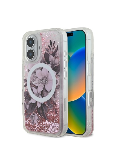 Apple Uyumlu iPhone 16 Plus Kılıf Guess Lisanslı Magsafe Şarj Özellikli Sıvılı Simli Çiçek Desenli Pembe