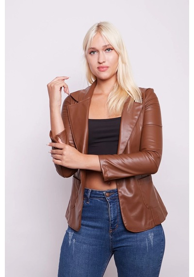 Ekolojik Suni Deri Yakalı Uzun Kol Cepli Blazer Ceket-taba Taba