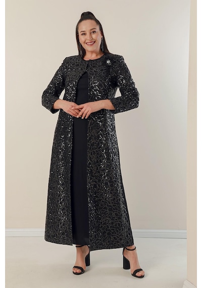 By Saygı Yarım Ay Kollu Uzun Krep Elbise Kolu Ve Önü Pulpayet Kaftan Astarlı Büyük Beden 2'li Takım-34854-siyah Siyah By Saygı Yarım Ay Kollu Uzun Krep Elbise Kolu Ve Önü Pulpayet Kaftan Astarlı Büyük Beden 2'li Takım-34854-siyah Siyah