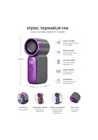 Glr Fs-24 Koyu Mor Şarj Edilebilir Mini El Fanı Yüksek Hızlı Taşınabilir Cep Vantilatörü