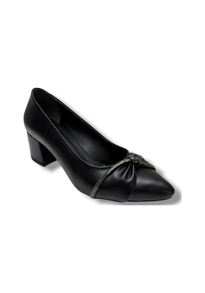 C-shoes 150-26 Cilt Deri Düğüm Taşlı Kalın Topuk Kadın Ayakkabı 38-40 Siyah