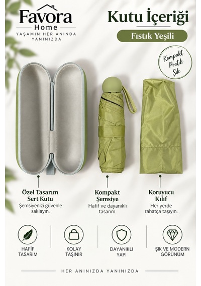 Favora Rainbox Kapsül Şemsiye - Kutulu Mini Katlanır Çanta Boy Şemsiye Fıstık Yeşili