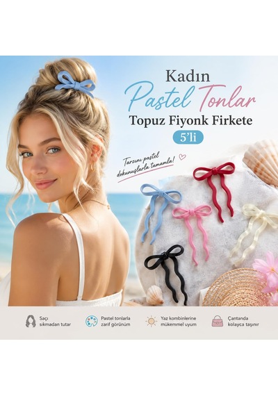 Kadın Pastel Tonlar Topuz Fiyonk Firkete 5'li Toka Seti, Kadın Ço Çok Renkli