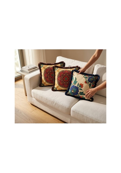 Vintage Saçaklı 4 Lü Saçaklı Kırlent Kılıfı 45x45 Cm Kombin Set 45 x 45