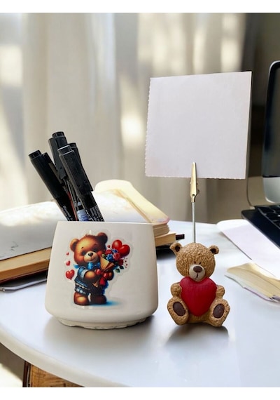 Sevimli Kalp Tutan Ayı Fotoğraf Not Tutacağı Balonlu Ayı Kalemlik Ofis Seti Hediyelik Tutacak Kahve