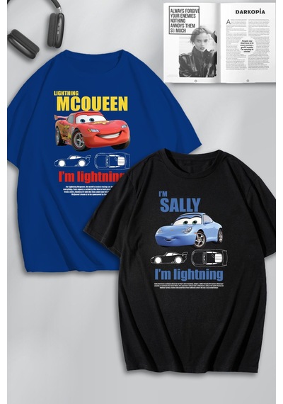 Unisex Kadın Erkek I'm Sally & Mcqueen Cars Baskılı Sevgili Çift Kombini Tasarım Oversize Tshirt 2li Mavi Siyah Mck0448 Çok Renkli