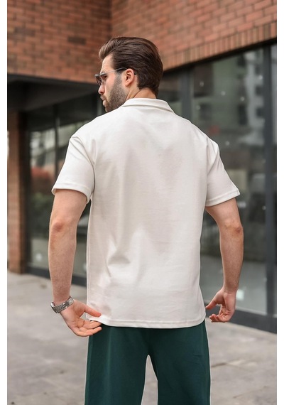 Madmext Ekru Polo Yaka Oversize Erkek Tişört E7185