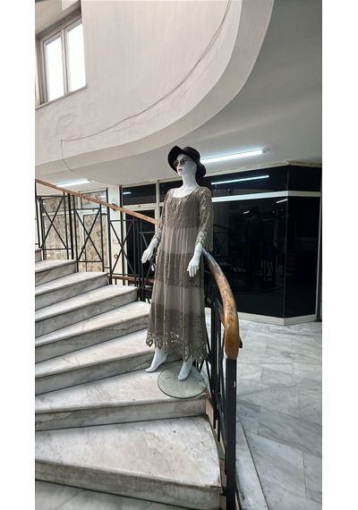 Eren Style İtalyan Sunshine İpek Detaylı Dantelli Elbise-9033 Vizon