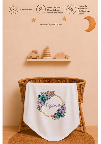 Kız Bebek Hediyesi İsme Özel 80x80 Cm Çift Kat Penye Bebek Battaniyesi %100 Pamuk Ham Bez Kıyafet Keseli 1026bk0x Ekru