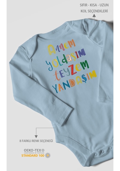 Annem Yoldaşım Teyzem Yandaşım Baskılı Bebek Zıbını Çıtçıtlı Body %100 Pamuk Uzun Kol Bebe Mavisi