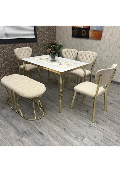 Mutfak Masa Sandalye Takımı Akuamarin 80-120 Ck Gold Benchli 6 Kişilik Mutfak Masası Takımı Düz Beyaz Mutfak Masa Sandalye Takımı Akuamarin 80-120 Ck Gold Benchli 6 Kişilik Mutfak Masası Takımı Düz Beyaz