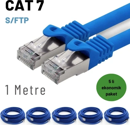 5 Adet 1 Metre Mavi Cat7 Kablo S/ftp Ethernet Network Lan Ağ Kablosu