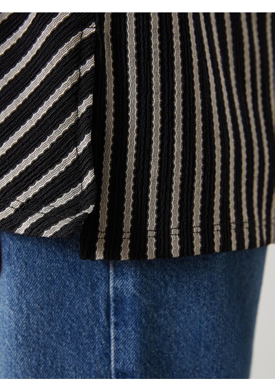 Lcwaıkıkı Classic Siyah Bisiklet Yaka Çizgili Oversize Kadın Tunik