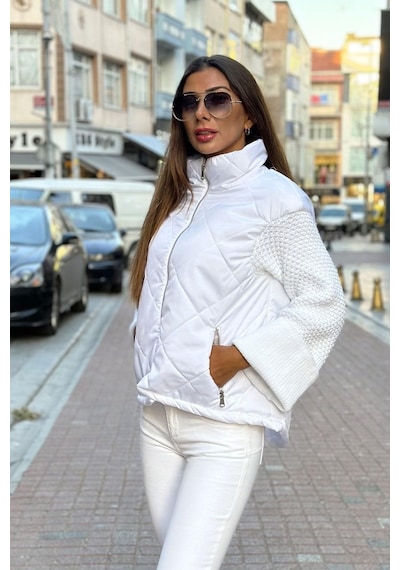 Keyifli Moda Kadın Beyaz Dik Yaka Kolları Triko Cepleri Fermuarlı Şişme Mont - 36 Beyaz
