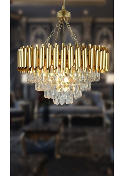 Zamira Varaklı Gold 55 Lik Kristal Taşlı Lüks Avize - Yatak Odası - Salon - Mutfak - Hol Altın