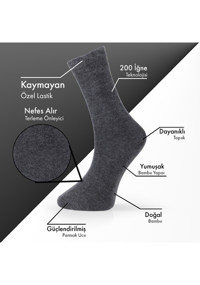 Saf Bambu Erkek Soket Uzun Düz Antrasit Çorap Dikişsiz Premium Kutulu 6'lı L5952aznb Softaura