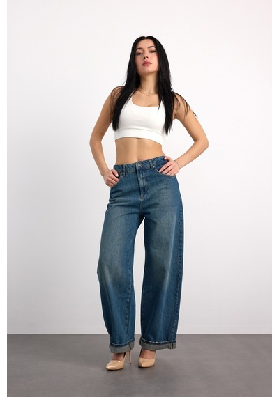 24350-73607 Kadın Baggy Fold Up Mıd Rıse Regular Denim Pantolon 24350-73607 Mavi - Siyah