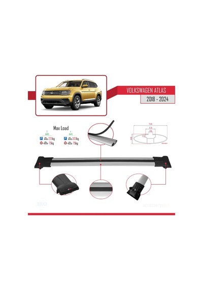Volkswagen Atlas 2018 Ve Sonrası İle Uyumlu Fly Model Ara Atkı Tavan Barı Gri 3 Adet Bar