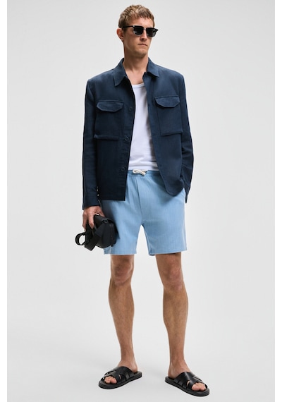 Grimelange LEYTON Erkek Relaxed Fit Çift Cepli Beli Lastikli Keten Karışımlı Dokuma Mavi Şort & Bermuda