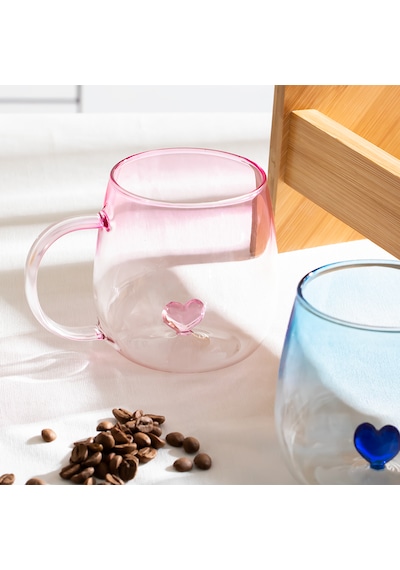 Porsima Pbt-707 Dream Love Hearts - 400ml Romantik Kalp Tasarımlı 2'li Renkli Borosilikat Cam Kupa Seti Şeffaf