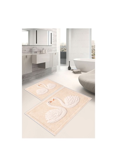 Kuğu Desenli Dijital Baskılı Yıkanabilir 2li Banyo Paspası 50x60-60x100 Bej