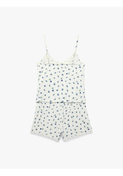 Koton Dantel Detaylı V Yaka Kolsuz Çiçekli Pijama Takımı Bej Desenli 6slk40164mk