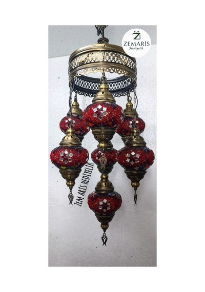 El Yapımı Otantik Mozaik 7 Li Avize Tavan Lambası Dekoratif Pembe - 786499679 Pembe