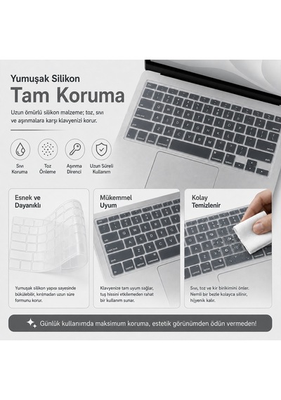 Macbook Pro 14.2 İnç M1 M2 M3 M4 M5 A2442 A2992 A2918 Uyumlu Şeffaf Türkçe Q Klavye Koruyucu Silikon Diğer