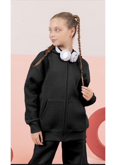Çocuk Şardonlu Kapüşonlu Fermuarlı Sweatshirt Günlük Rahat Hırka-9647 Siyah