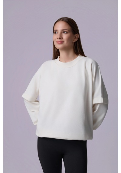 Defys Kadın Bisiklet Yaka Kol Detaylı Oversize Fit Basic Sweatshirt Ekru - 598314741 Ekru